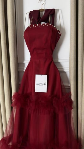 فستان سهرة أحمر بتفاصيل لؤلؤية وتنورة تول بطبقات ف...