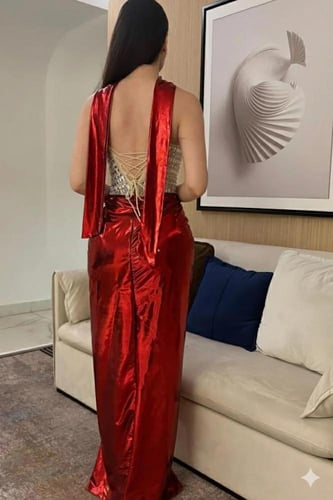 فستان سهره كريستال انيق باللون الاحمر والبيج