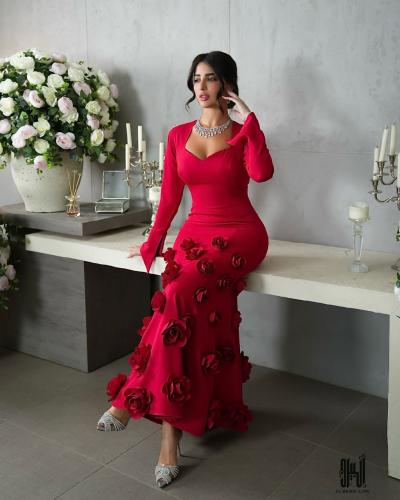 فستان ناعم احمر اكمام باربي ورد