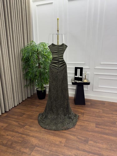 فستان توب دانتيل خرز زيتي