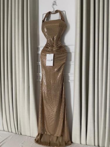 فستان سهره لمعه استرتش ذهبي