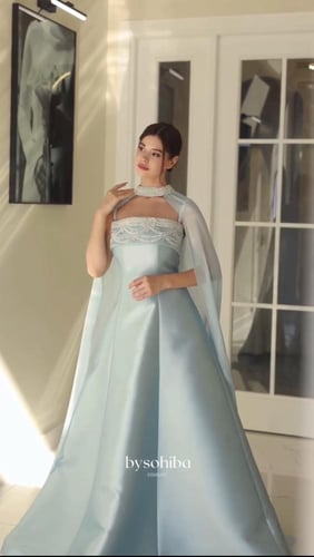 فستان سهره سماوي ميكادو شال شيفون