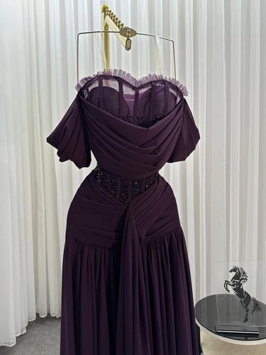 فستان جورجيت تطريز خرز اكمام اوف شولدر