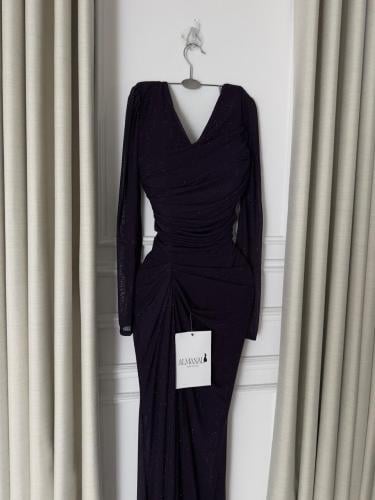 فستان ناعم باذنجاني استرتش لمعه اكمام