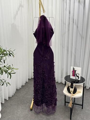 فستان سهره شيفون مبطن مغطى بل ورد مطرز