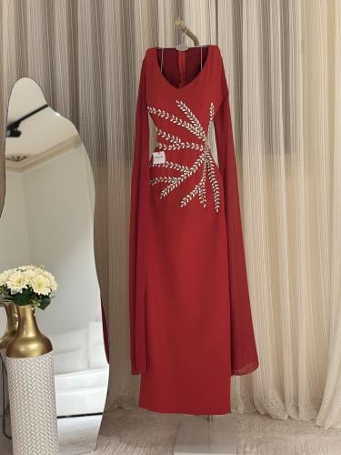 فستان احمر ناعم اكمام طويله شيفون