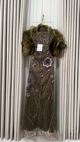 فستان سهره زيتي تل تطريز