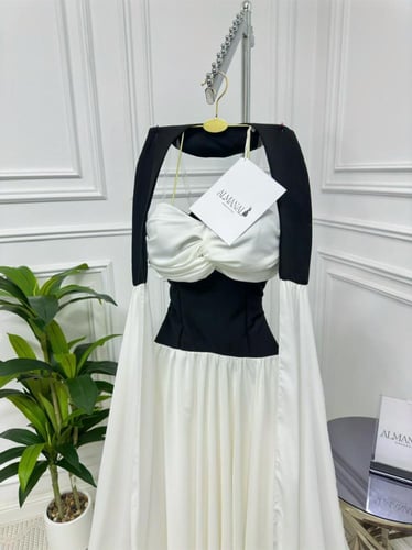 فستان ناعم ابيض واسود كريب مع جورجيت شيفون وشال