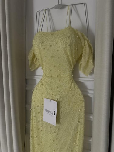 فستان سهره ليموني تفته وتطريز لولو