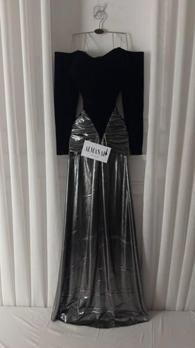 فستان سهره انيق جوخ باللون اسود ورمادي