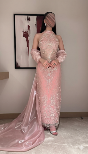 فستان سهره بينك كلفه وفيونكه اورجنزا