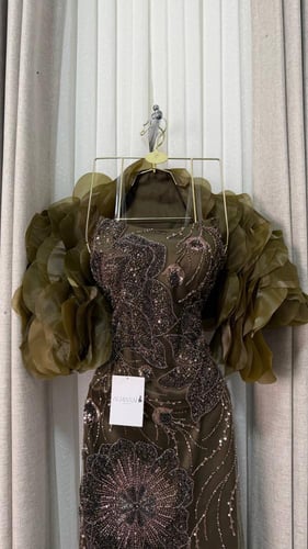 فستان سهره زيتي تل تطريز