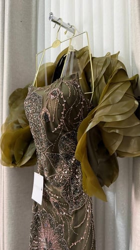 فستان سهره زيتي تل تطريز