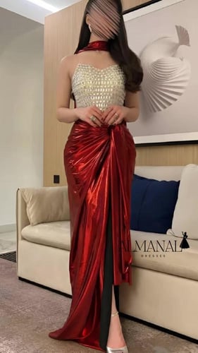 فستان سهره كريستال انيق باللون الاحمر والبيج
