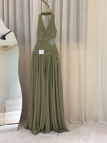 فستان سهره زيتي شيفون كلوش تطريز لؤلؤ