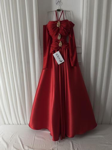 فستان ميكادو احمر تدخيله كرستال استرتش دبل كلوش