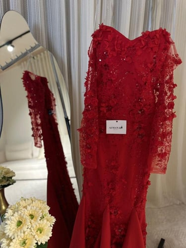 فستان سهره احمر ورد وشيفون