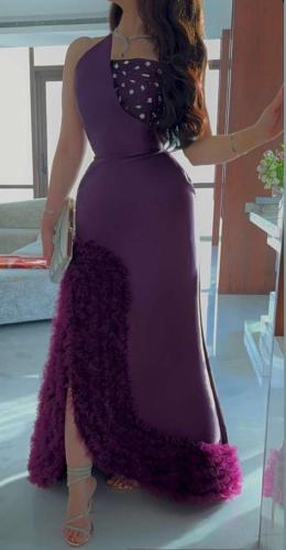 فستان سهرة بنفسجي ميكادو بكتف واحد مع تنورة مزينة...