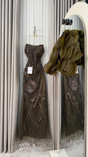 فستان سهره زيتي تل تطريز