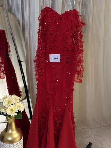 فستان سهره احمر ورد وشيفون