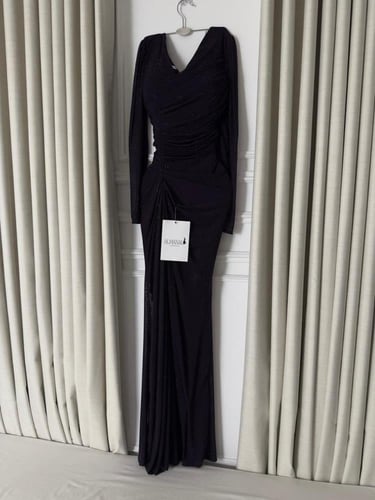 فستان ناعم باذنجاني استرتش لمعه اكمام