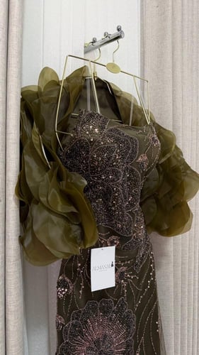 فستان سهره زيتي تل تطريز