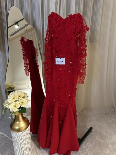 فستان سهره احمر ورد وشيفون