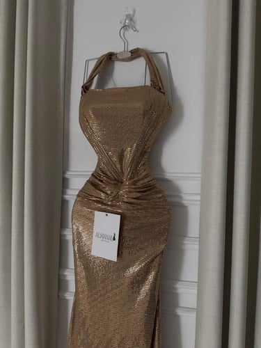 فستان سهره لمعه استرتش ذهبي
