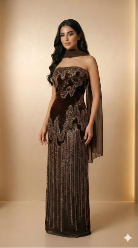 فستان سهره شتوي بني توب وشال