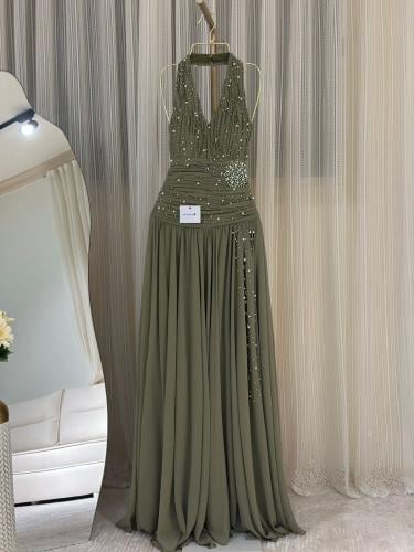 فستان سهره زيتي شيفون كلوش تطريز لؤلؤ