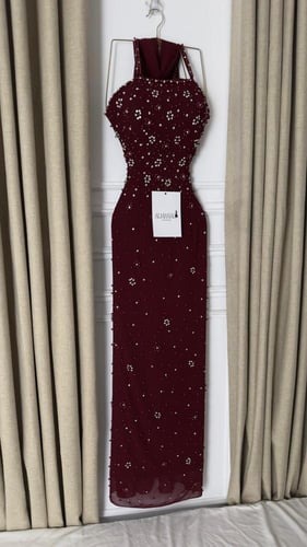 فستان سهره عودي تفته وجورجيت تطريز لولو وزركون