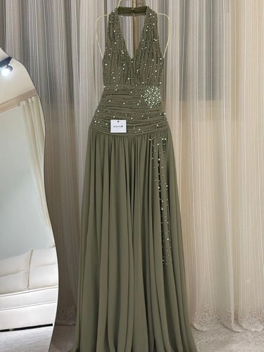 فستان سهره زيتي شيفون كلوش تطريز لؤلؤ