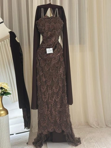 فستان سهره توب بني مطرز بخرز مع شال