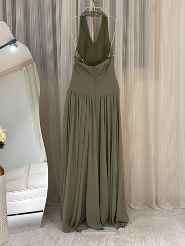 فستان سهره زيتي شيفون كلوش تطريز لؤلؤ