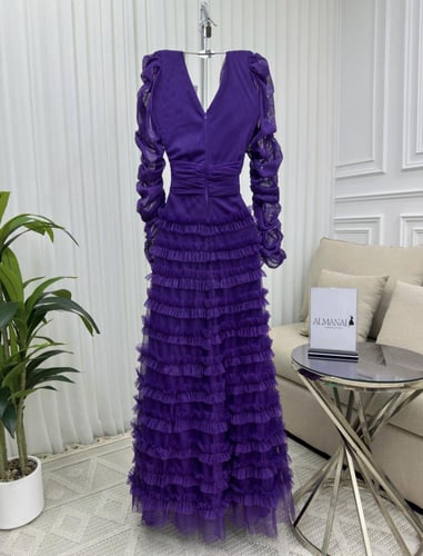 فستان شيفون بكسرات وأكمام طويلة لون بنفسجي