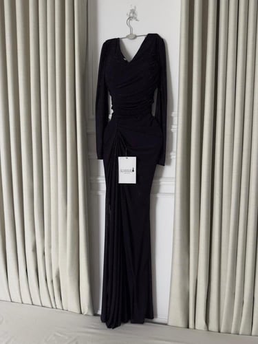 فستان ناعم باذنجاني استرتش لمعه اكمام