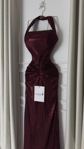 فستان سهره لمعه استرتش عنابي