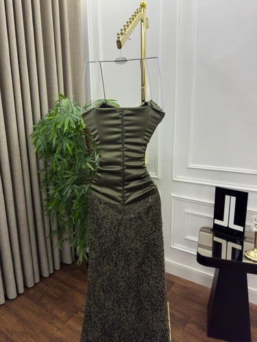 فستان توب دانتيل خرز زيتي