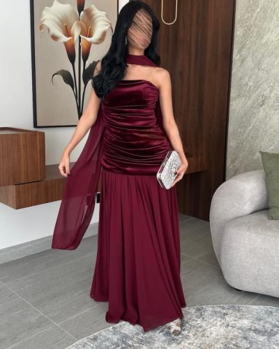 فستان عنابي مخمل كوري شيفون