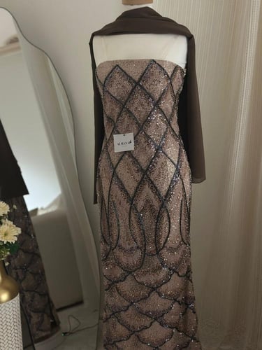 فستان سهره كلفه تطريز خرز وشال