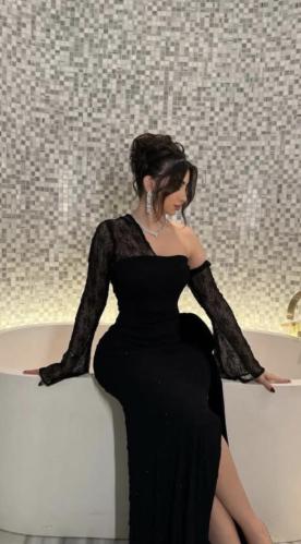 فستان ناعم اسود اكمام دانتيل فيونكه