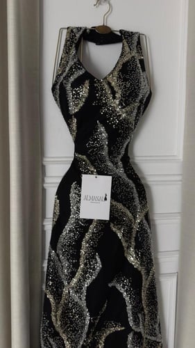 فستان سهره تل مطرز خرز فضي وذهبي