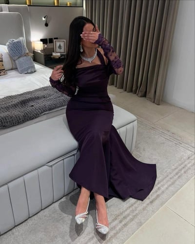 فستان بنفسجي قماش تفته سترتش