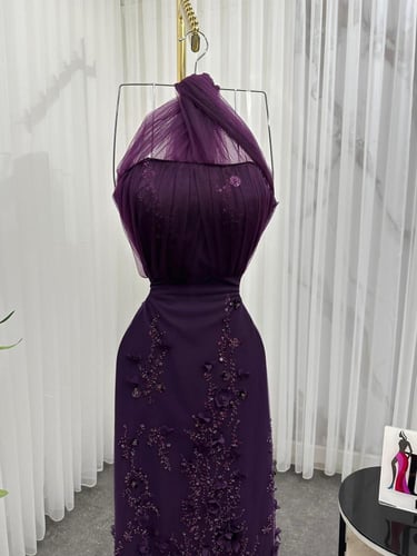 فستان سهره شيفون مبطن مغطى بل ورد مطرز