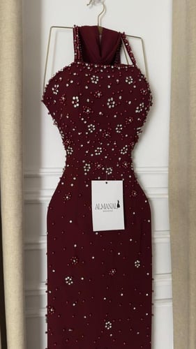 فستان سهره عودي تفته وجورجيت تطريز لولو وزركون