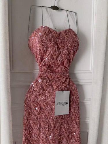 فستان سهره مطرز خرز اكمام منفصله بينك