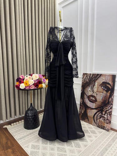 فستان ناعم اسود شيفون دانتيل