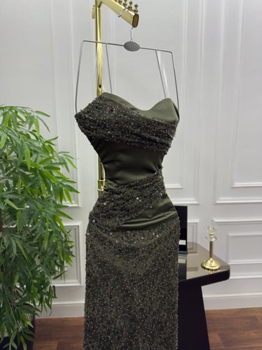 فستان توب دانتيل خرز زيتي