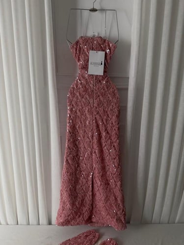 فستان سهره مطرز خرز اكمام منفصله بينك