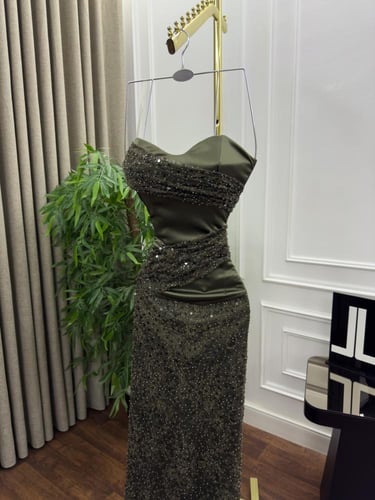 فستان توب دانتيل خرز زيتي